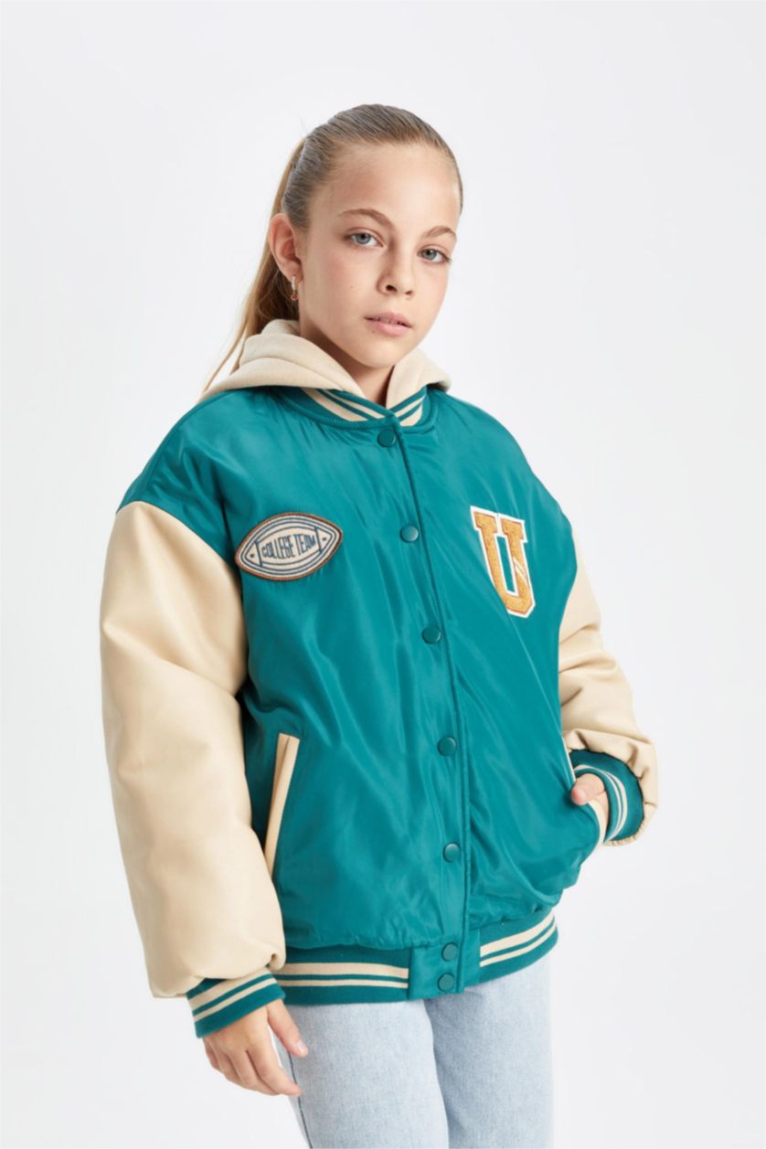 Girls & Teens Green Girl Removable Hooded College Collar Bomber Jacket