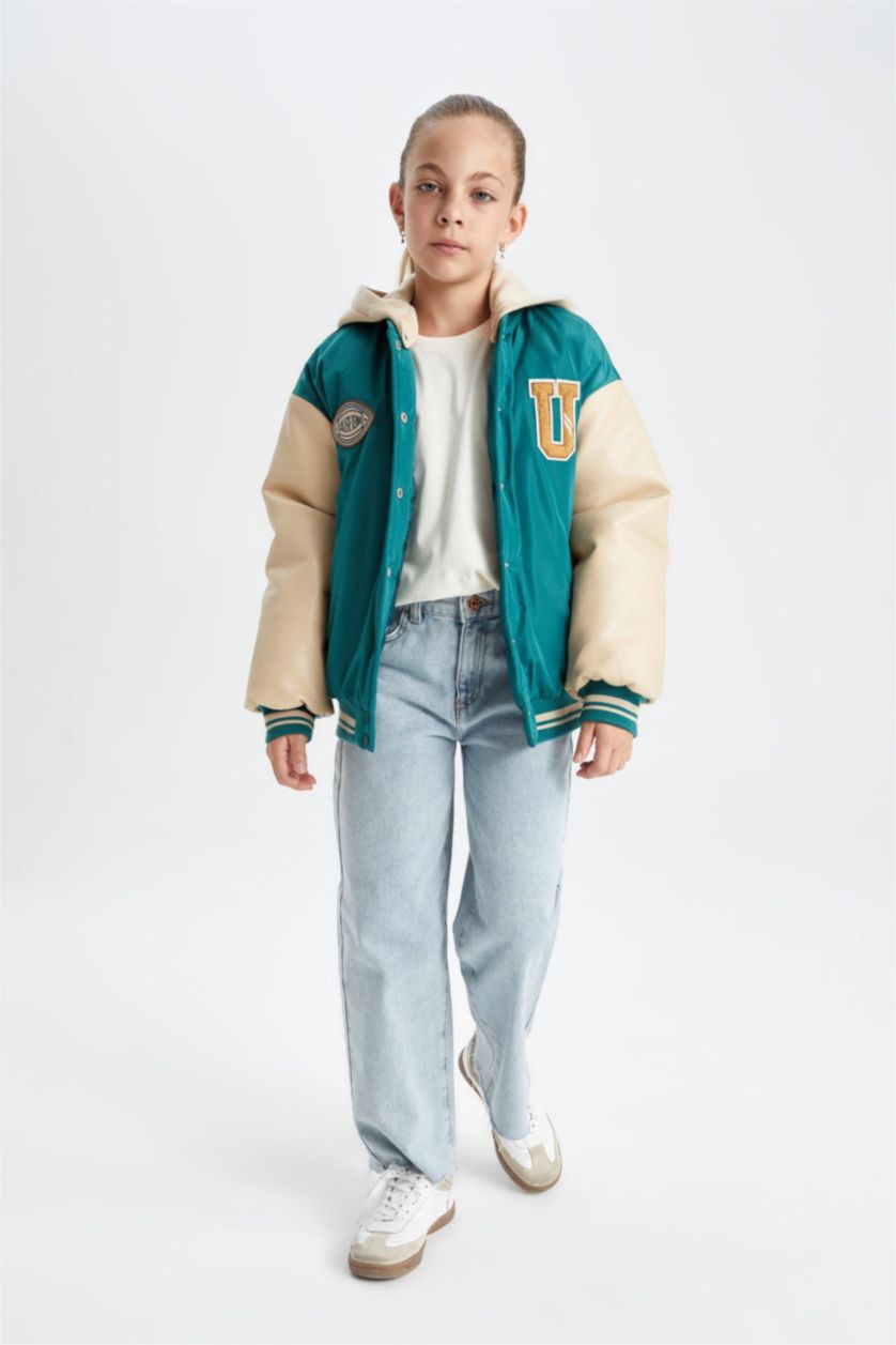 Girls & Teens Green Girl Removable Hooded College Collar Bomber Jacket