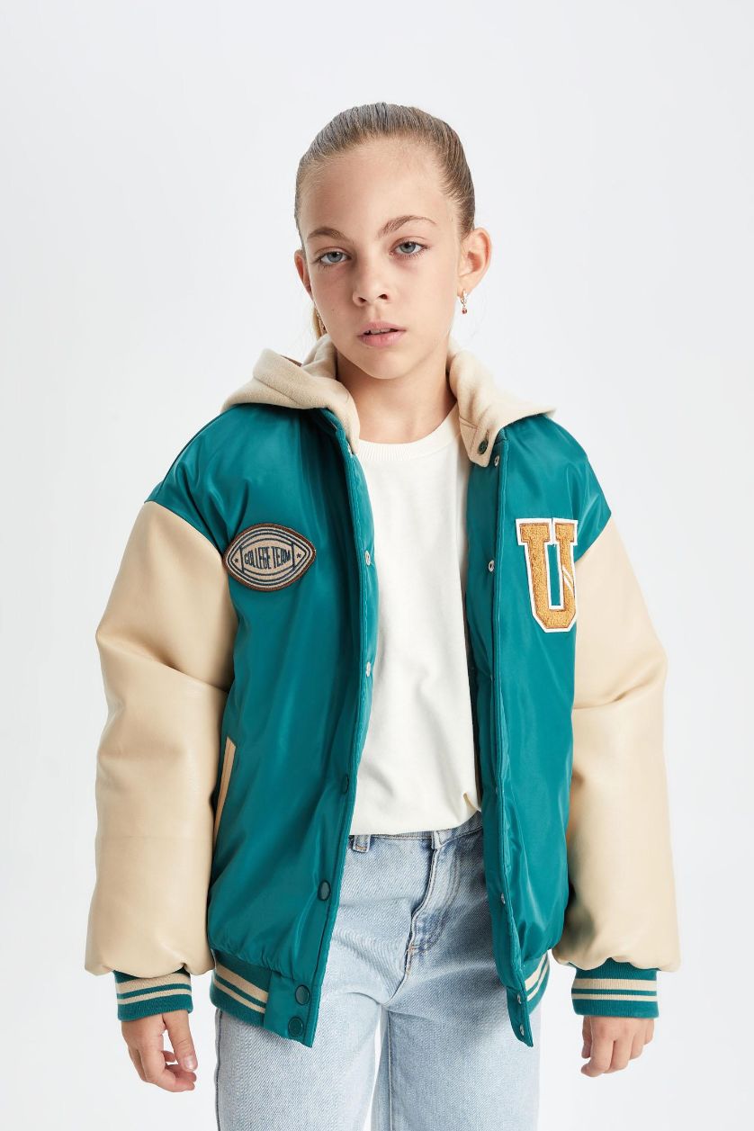 Girls & Teens Green Girl Removable Hooded College Collar Bomber Jacket