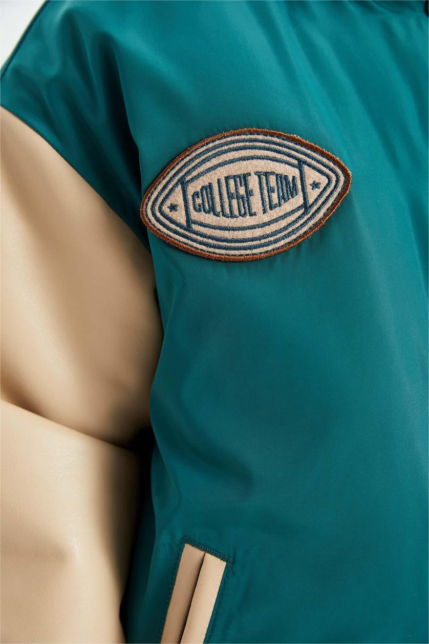 Girls & Teens Green Girl Removable Hooded College Collar Bomber Jacket