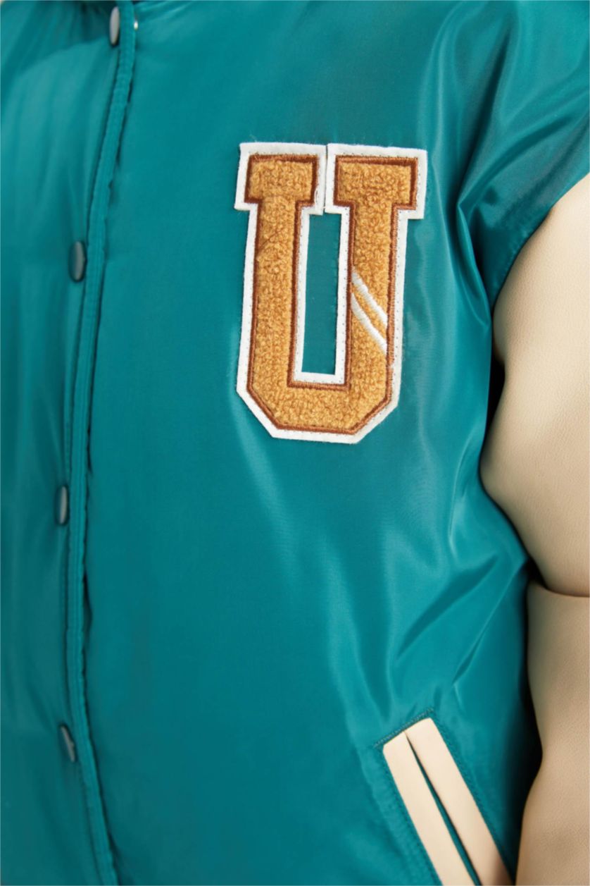 Girls & Teens Green Girl Removable Hooded College Collar Bomber Jacket