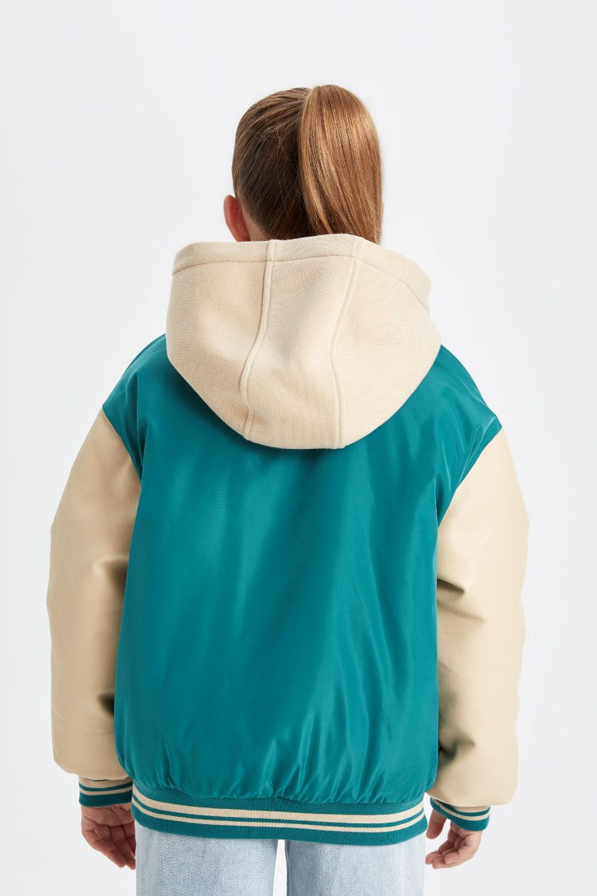 Girls & Teens Green Girl Removable Hooded College Collar Bomber Jacket