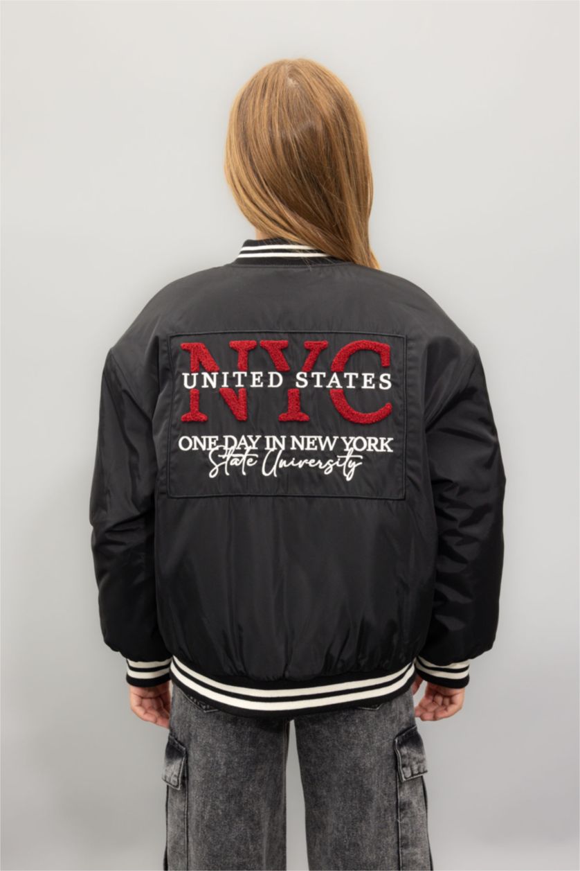 Kız Çocuk - Genç Kız Siyah Su Geçirmez Kolej Yaka Çıtçıtlı Cepli Bomber Mont Kız Çocuk