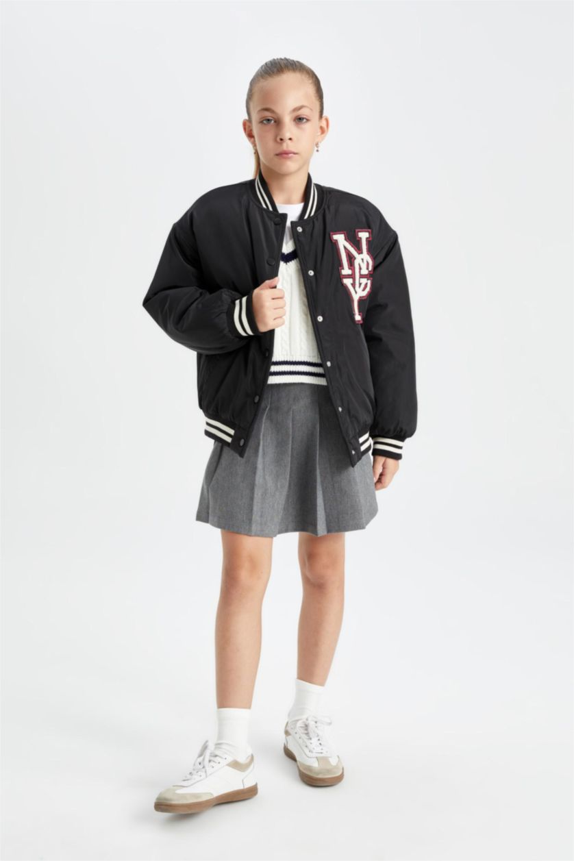 Kız Çocuk - Genç Kız Siyah Su Geçirmez Kolej Yaka Çıtçıtlı Cepli Bomber Mont Kız Çocuk