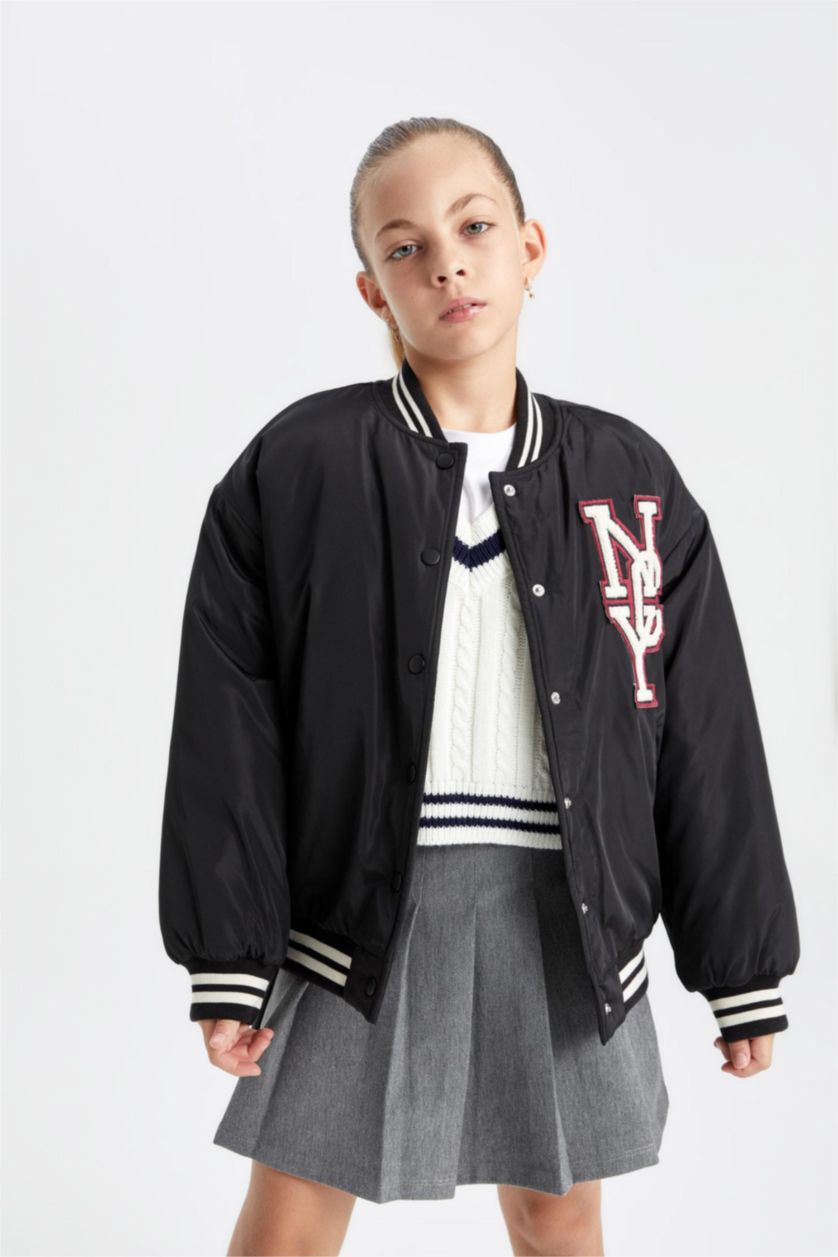 Kız Çocuk - Genç Kız Siyah Su Geçirmez Kolej Yaka Çıtçıtlı Cepli Bomber Mont Kız Çocuk