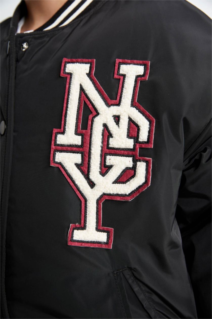 Kız Çocuk - Genç Kız Siyah Su Geçirmez Kolej Yaka Çıtçıtlı Cepli Bomber Mont Kız Çocuk