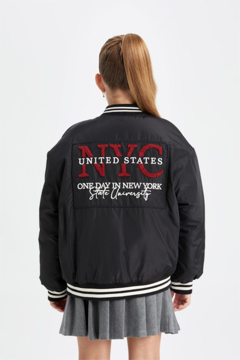 Kız Çocuk - Genç Kız Siyah Su Geçirmez Kolej Yaka Çıtçıtlı Cepli Bomber Mont Kız Çocuk