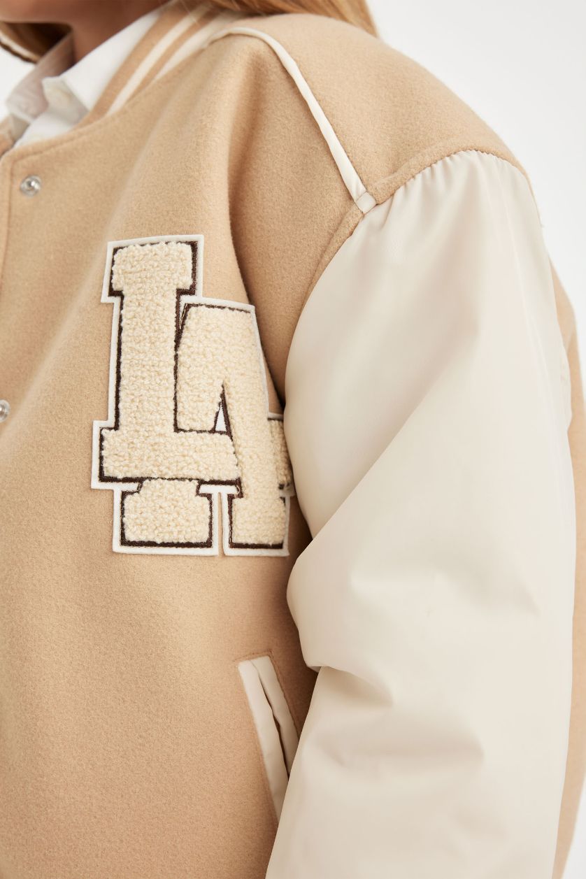 Kız Çocuk - Genç Kız Açık Bej Okul Kolej Yaka Çıtçıtlı Çift Cepli Bomber Mont Ceket Kız Çocuk