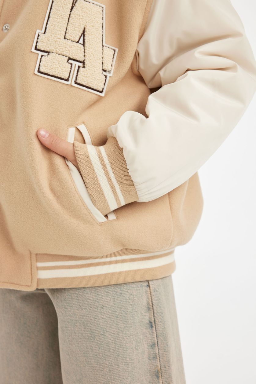 Kız Çocuk - Genç Kız Açık Bej Okul Kolej Yaka Çıtçıtlı Çift Cepli Bomber Mont Ceket Kız Çocuk