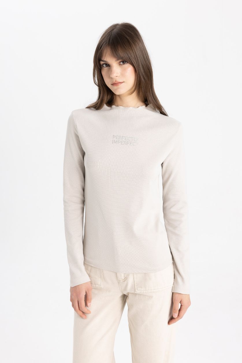 WOMAN Light Beige Crew Neck Basic Plain Long Sleeve T-Shirt Tunic