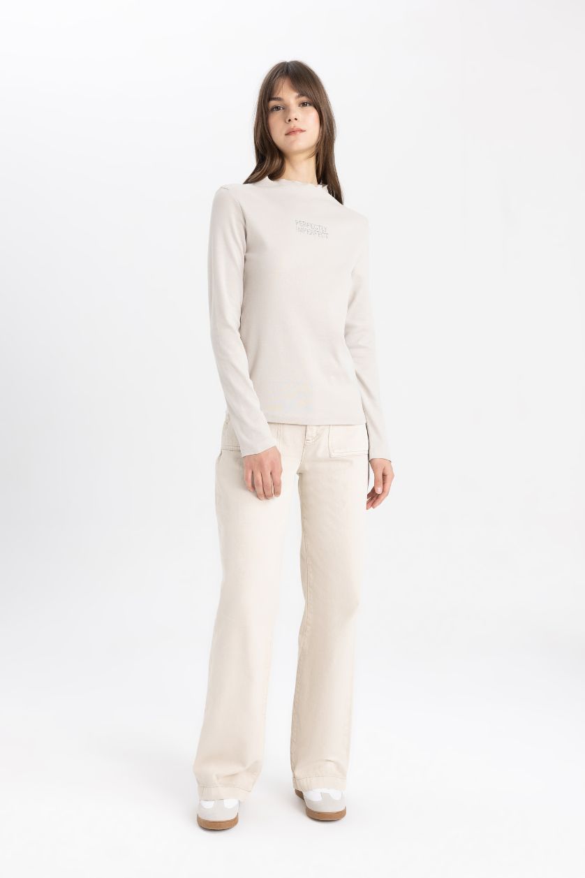 WOMAN Light Beige Crew Neck Basic Plain Long Sleeve T-Shirt Tunic