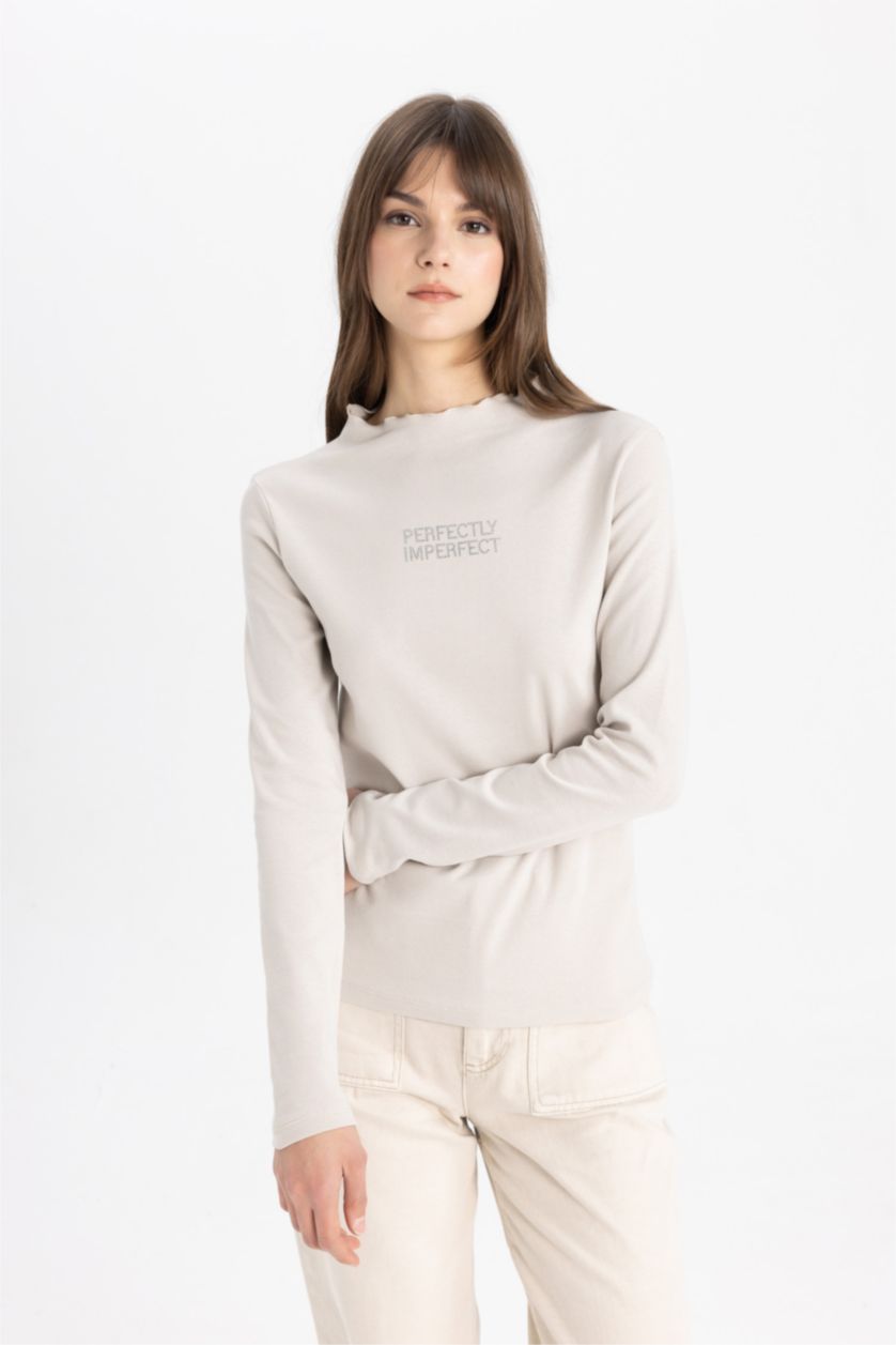 WOMAN Light Beige Crew Neck Basic Plain Long Sleeve T-Shirt Tunic
