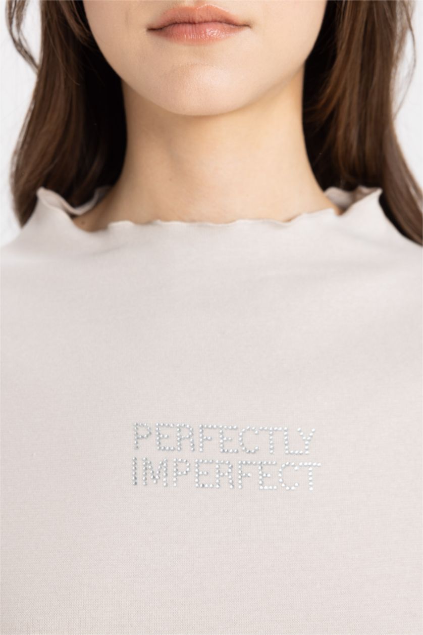 WOMAN Light Beige Crew Neck Basic Plain Long Sleeve T-Shirt Tunic