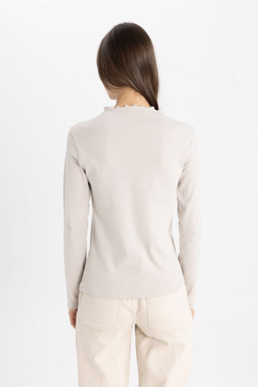 WOMAN Light Beige Crew Neck Basic Plain Long Sleeve T-Shirt Tunic