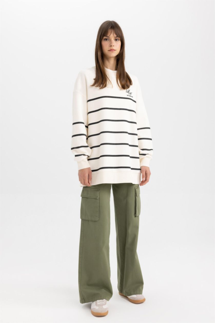 WOMAN Ecru Regular Fit Crew Neck Printed Soft Fluffy Thick Sweatshirt Tunic