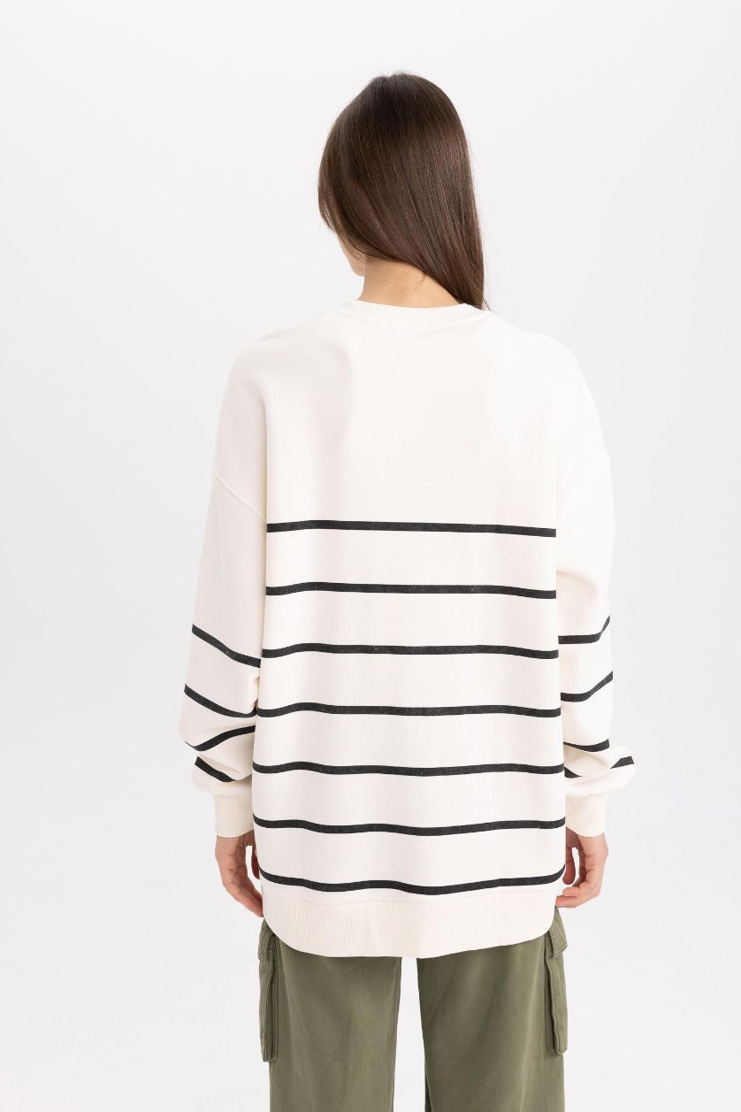 WOMAN Ecru Regular Fit Crew Neck Printed Soft Fluffy Thick Sweatshirt Tunic