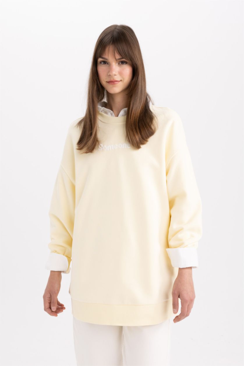 نساء أصفر فاتح سويت تونيك قماش سميك قصة عادية برقبة مستديرة ببطانة ناعمة