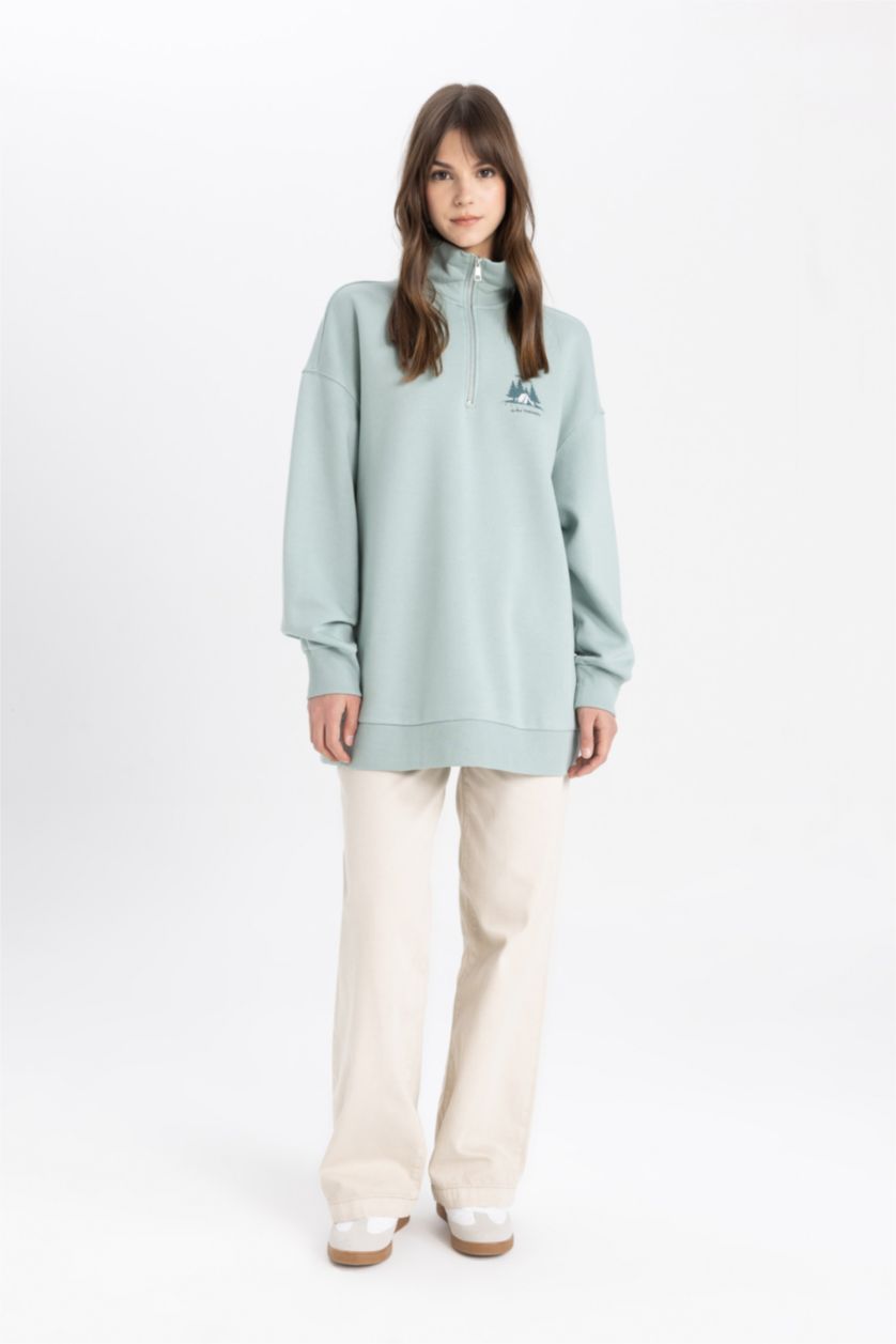 Kadın Açık Yeşil Fermuarlı Dik Yaka Baskılı İçi Yumuşak Tüylü Sweatshirt Tunik