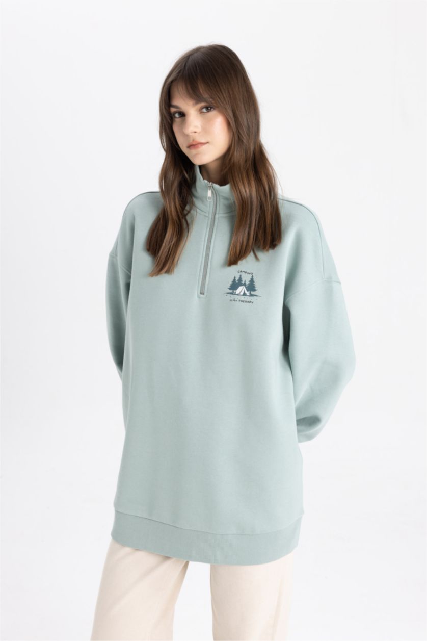 Kadın Açık Yeşil Fermuarlı Dik Yaka Baskılı İçi Yumuşak Tüylü Sweatshirt Tunik
