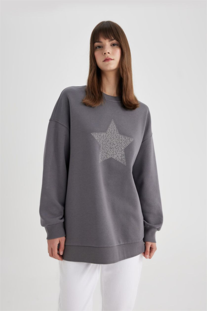 WOMAN Anthracite Regular Fit Thick Sweatshirt Fabric Crew Neck Sweat Tunic