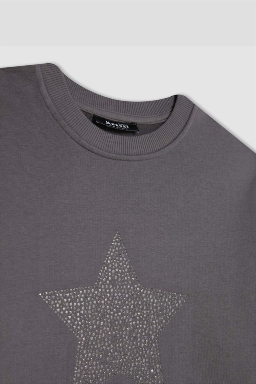 WOMAN Anthracite Regular Fit Thick Sweatshirt Fabric Crew Neck Sweat Tunic