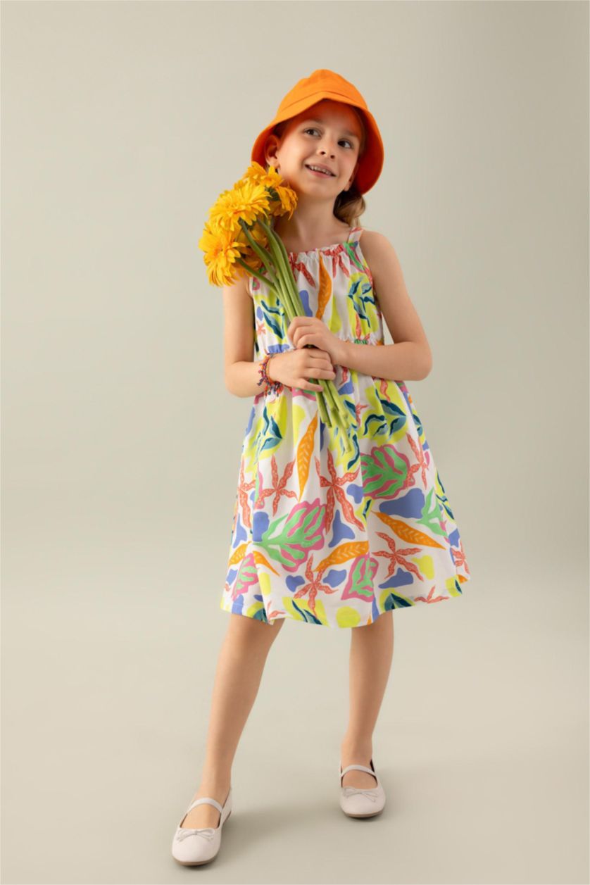 Girls & Teens White Girl Patterned Sleeveless Poplin Dress