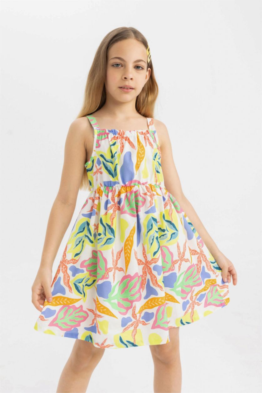 Girls & Teens White Girl Patterned Sleeveless Poplin Dress