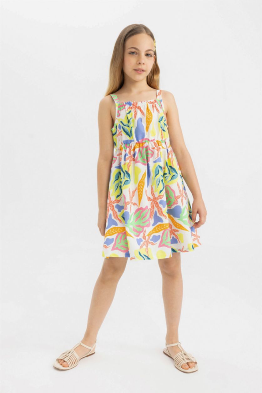 Girls & Teens White Girl Patterned Sleeveless Poplin Dress