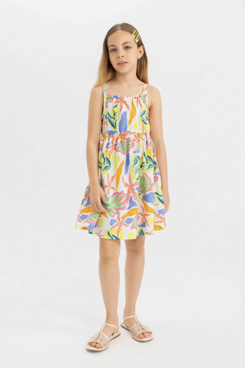 Girls & Teens White Girl Patterned Sleeveless Poplin Dress