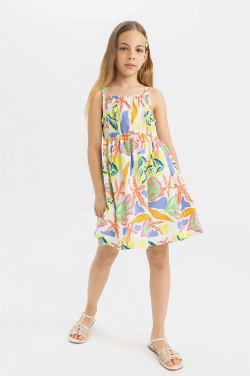 Girls & Teens White Girl Patterned Sleeveless Poplin Dress