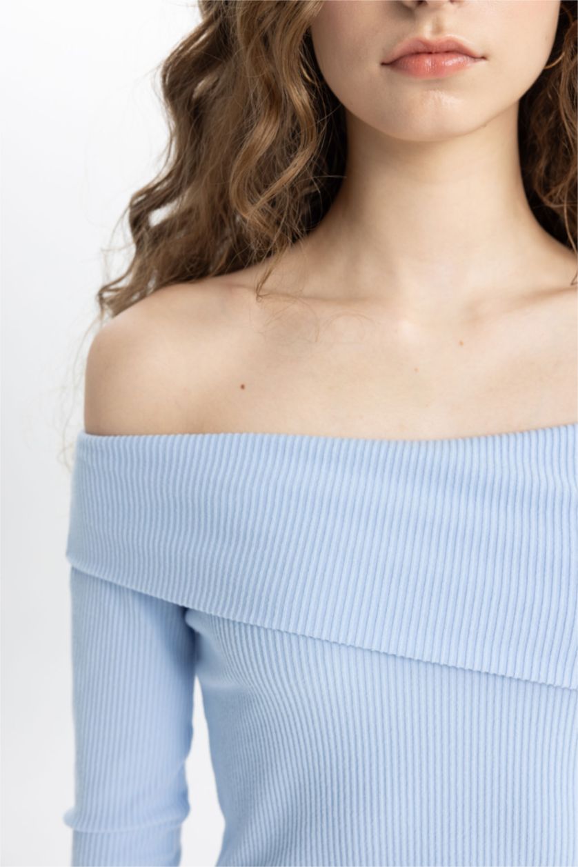 نساء أزرق فاتح بلوزة كم طويل سليم فيت بكتف مفتوح