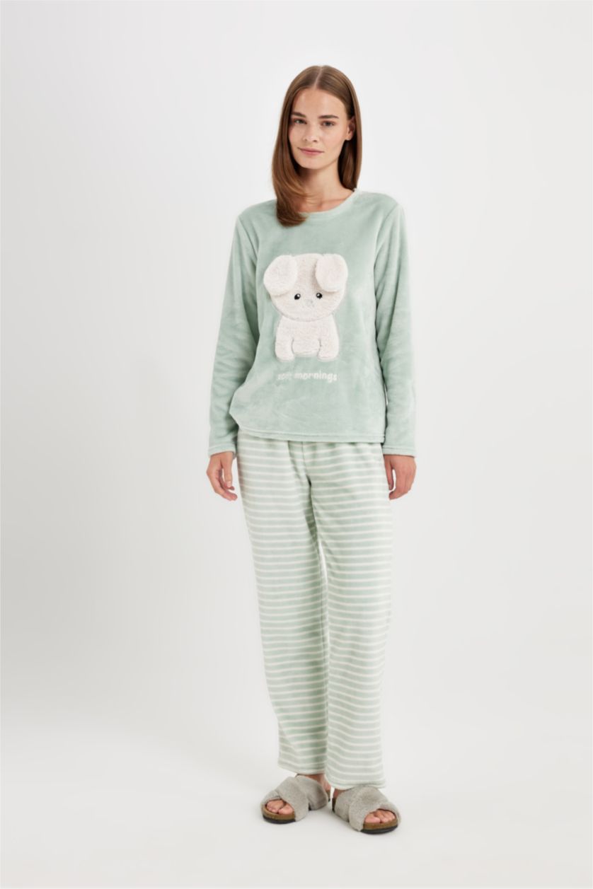 FEMME Bleu Ensemble de pyjama: Haut imprimé à col rond et manches longues, et bas à rayures en peluche