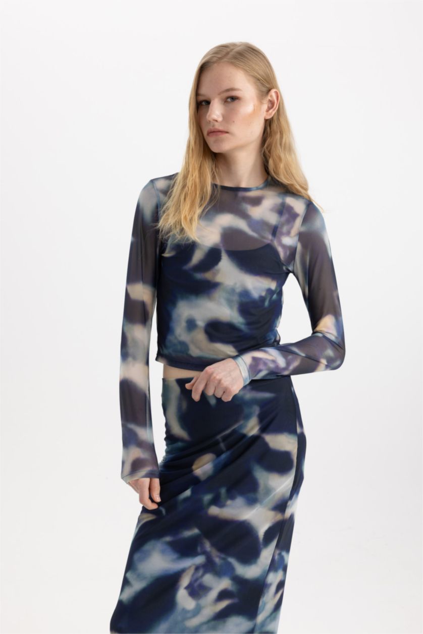 WOMAN Sax Slim Fit Crew Neck Printed Tulle Long Sleeve T-Shirt