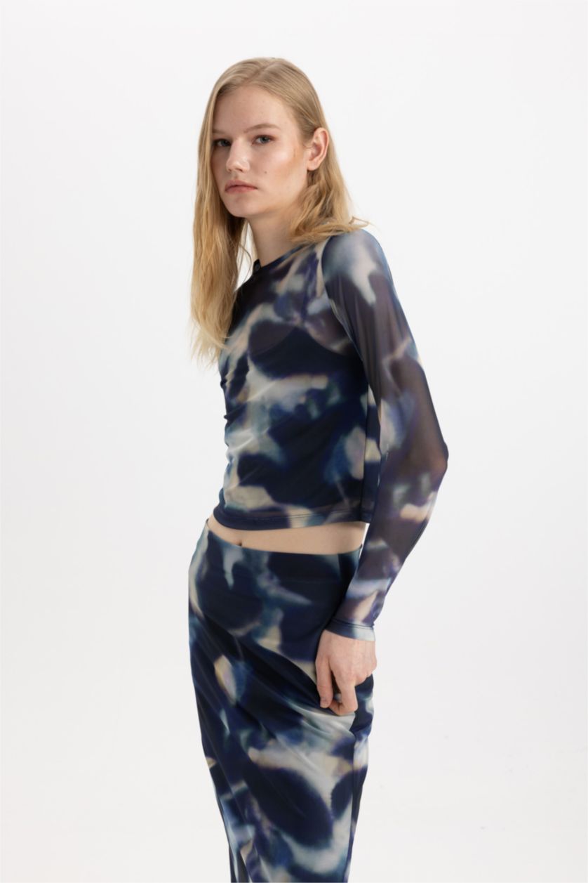 WOMAN Sax Slim Fit Crew Neck Printed Tulle Long Sleeve T-Shirt