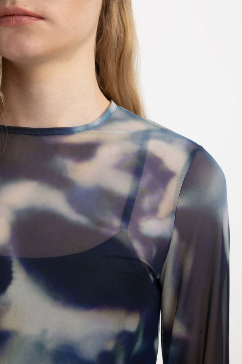 WOMAN Sax Slim Fit Crew Neck Printed Tulle Long Sleeve T-Shirt