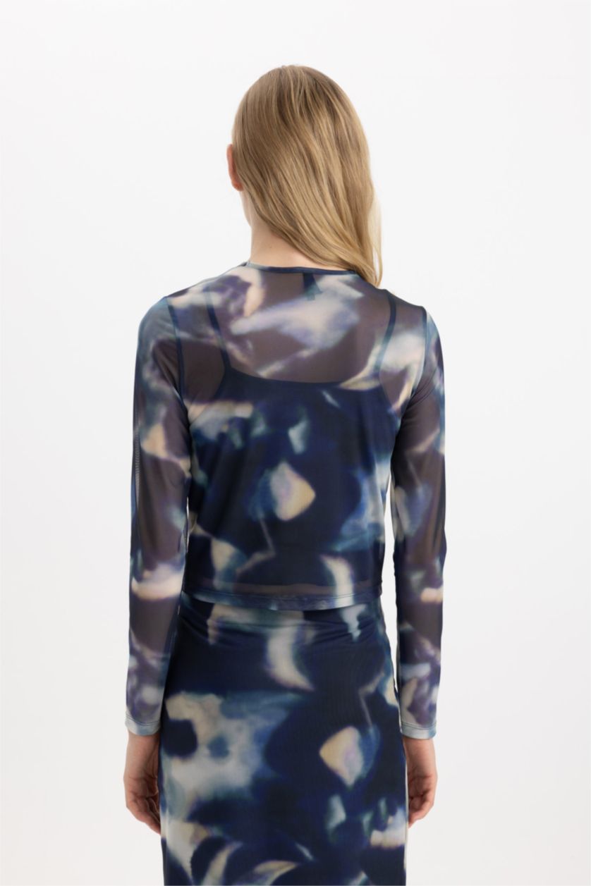 WOMAN Sax Slim Fit Crew Neck Printed Tulle Long Sleeve T-Shirt