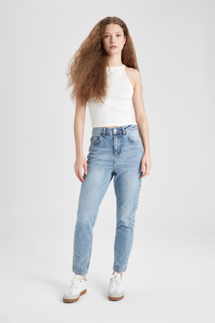 WOMAN Light Blue High Waist Mom Fit Trousers
