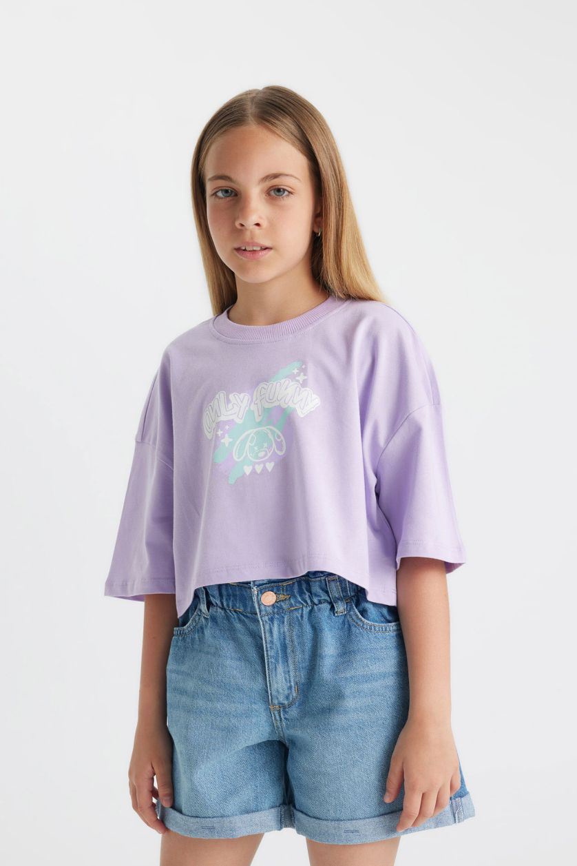 Kız Çocuk - Genç Kız Lila Bisiklet Yaka Crop Karanlıkta Parlayan Baskılı Kısa Kollu Tişört Kız Çocuk