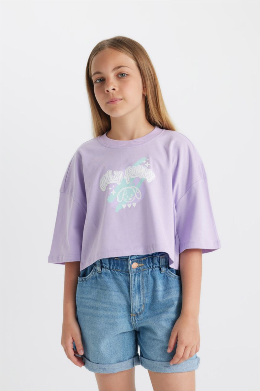 Kız Çocuk - Genç Kız Lila Bisiklet Yaka Crop Karanlıkta Parlayan Baskılı Kısa Kollu Tişört Kız Çocuk