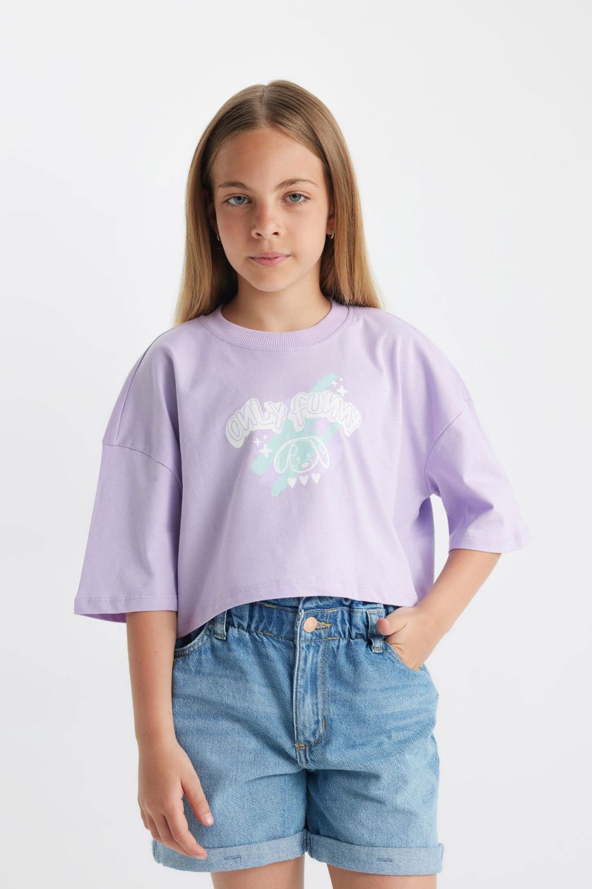 Kız Çocuk - Genç Kız Lila Bisiklet Yaka Crop Karanlıkta Parlayan Baskılı Kısa Kollu Tişört Kız Çocuk