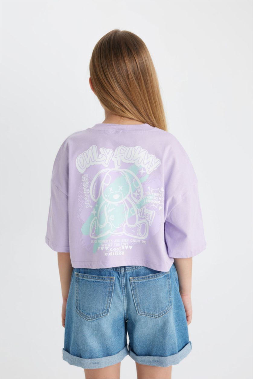 Kız Çocuk - Genç Kız Lila Bisiklet Yaka Crop Karanlıkta Parlayan Baskılı Kısa Kollu Tişört Kız Çocuk