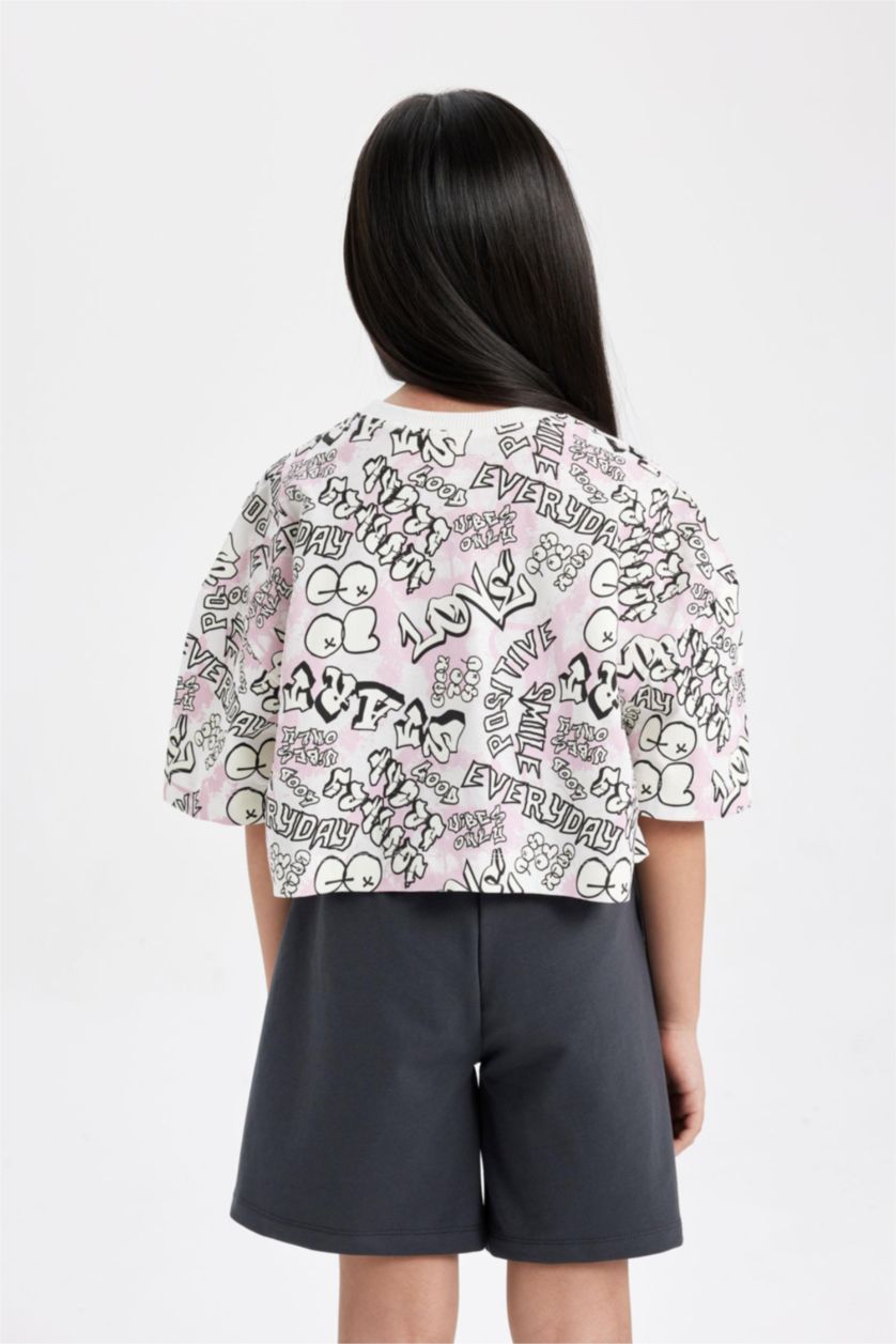 Kız Çocuk - Genç Kız Kırık Beyaz Bisiklet Yaka Crop Karanlıkta Parlayan Baskılı Kısa Kollu Tişört Kız Çocuk