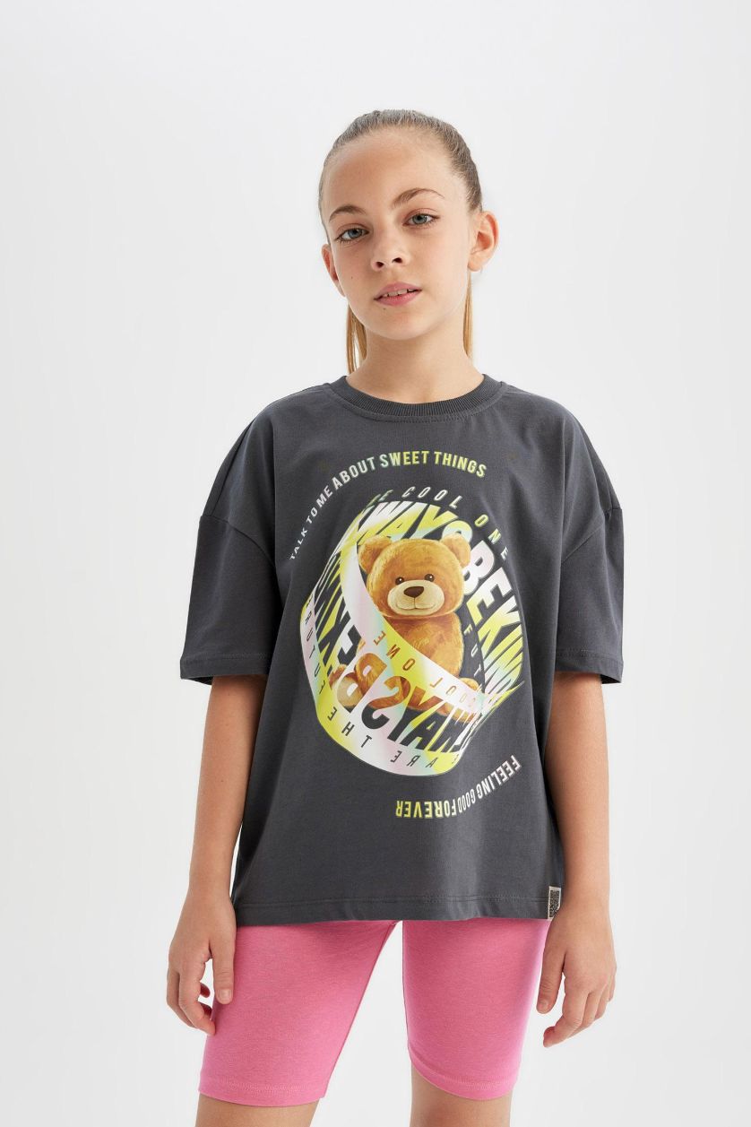 بنات أنثرا تيشيرت نص ردن بناتي اوفر سايز بياخة مستديرة