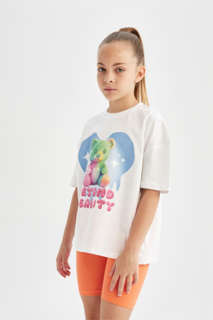 بنات أبيض تيشيرت نص ردن بناتي اوفر سايز بياخة مستديرة