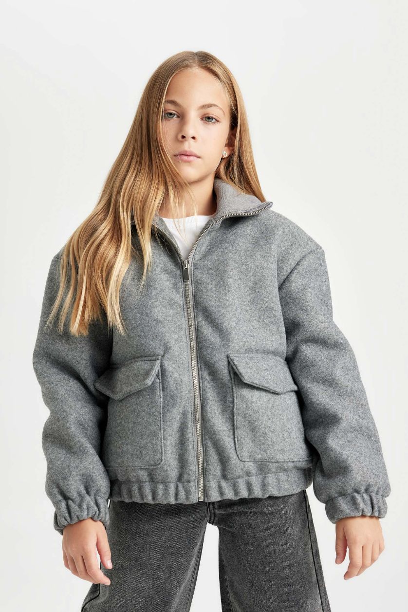 Kız Çocuk - Genç Kız Gri Rüzgar Geçirmez Dik Yaka Fermuarlı Çift Cepli Lastikli Kaşe Mont Kız Çocuk