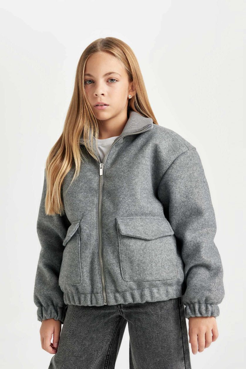 Kız Çocuk - Genç Kız Gri Rüzgar Geçirmez Dik Yaka Fermuarlı Çift Cepli Lastikli Kaşe Mont Kız Çocuk