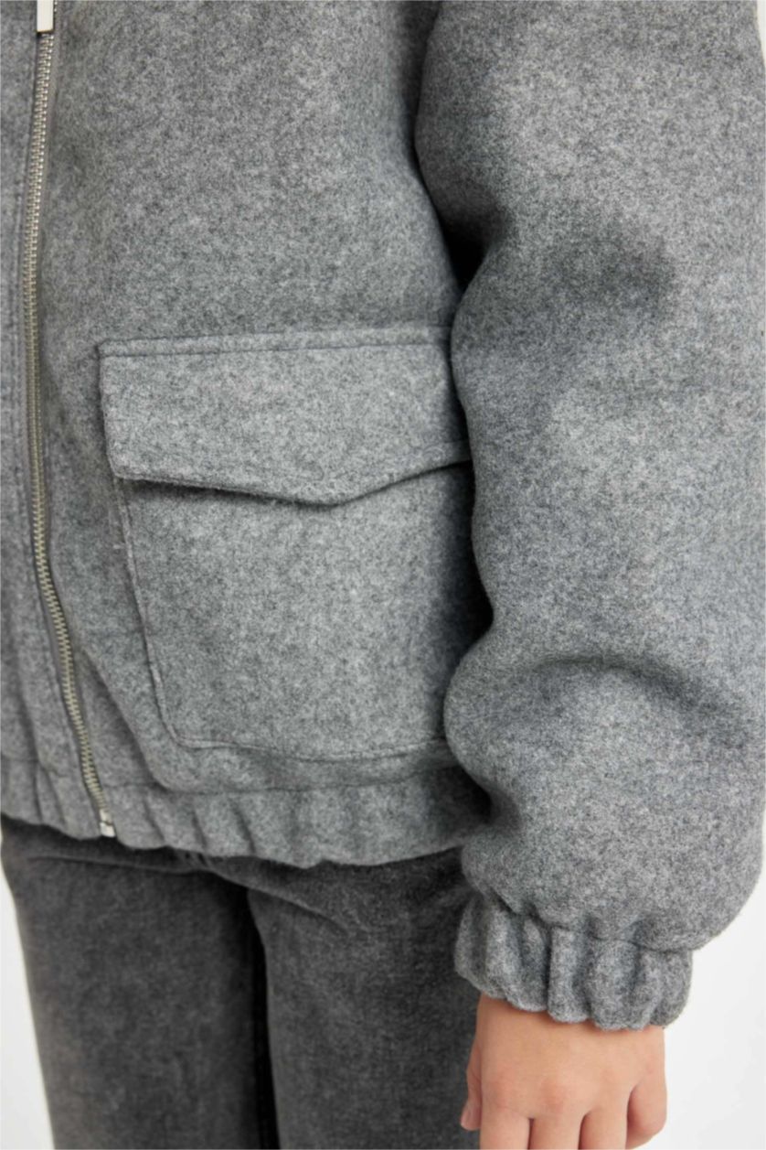 Kız Çocuk - Genç Kız Gri Rüzgar Geçirmez Dik Yaka Fermuarlı Çift Cepli Lastikli Kaşe Mont Kız Çocuk