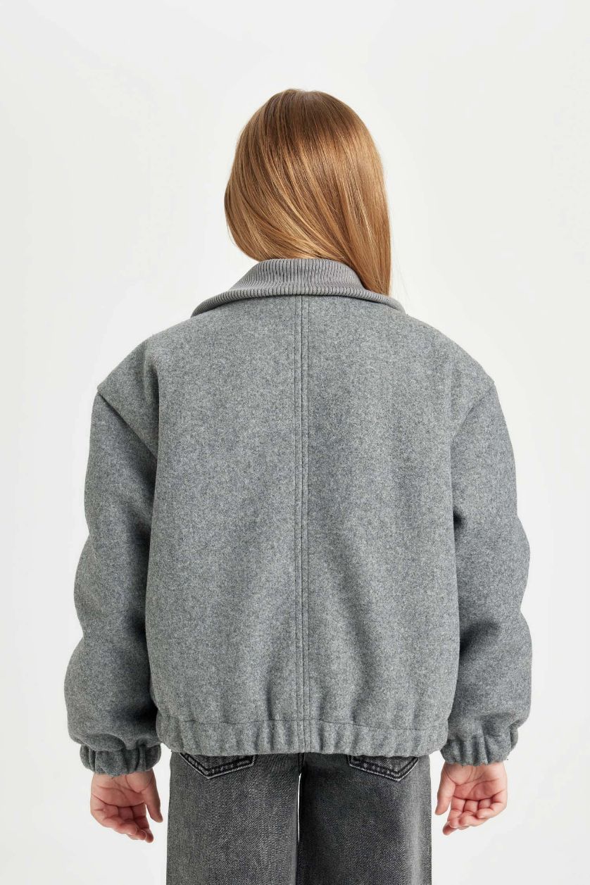 Kız Çocuk - Genç Kız Gri Rüzgar Geçirmez Dik Yaka Fermuarlı Çift Cepli Lastikli Kaşe Mont Kız Çocuk