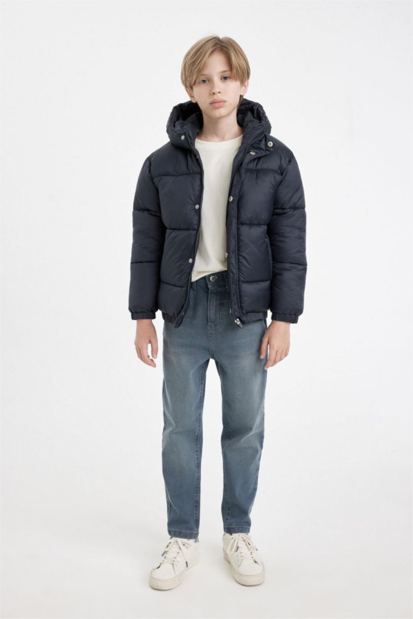 Erkek Çocuk - Genç Erkek Koyu Gri Su Geçirmez Kapüşonlu Fermuarlı Çıtçıtlı Cepli Mont Erkek Çocuk