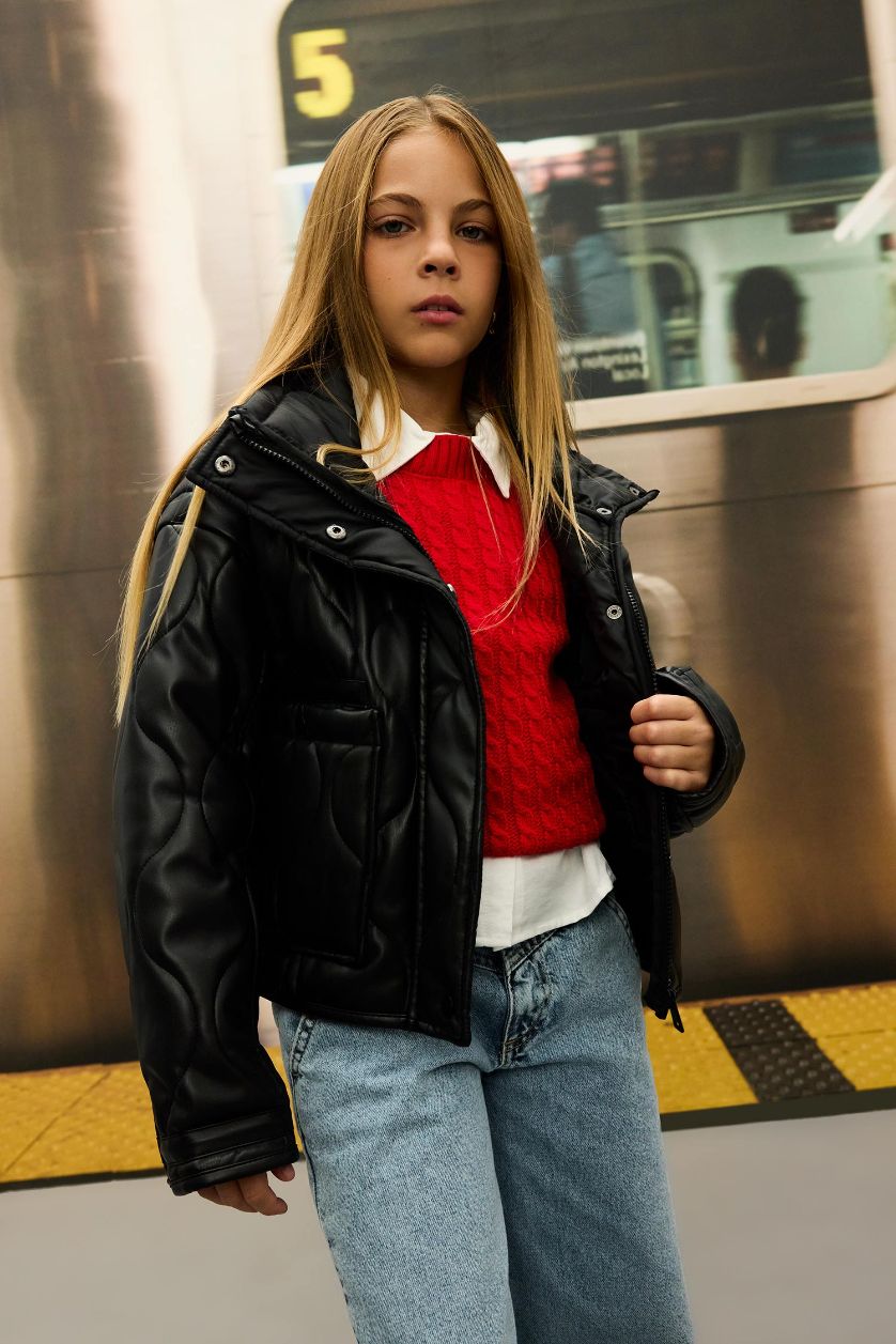 Kız Çocuk - Genç Kız Siyah Su Geçirmez Fermuarlı Çıtçıtlı Cepli Mont Kız Çocuk